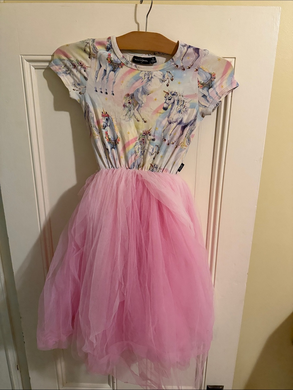 Girls Unicorn Print Dress with Pink Tulle Skirt